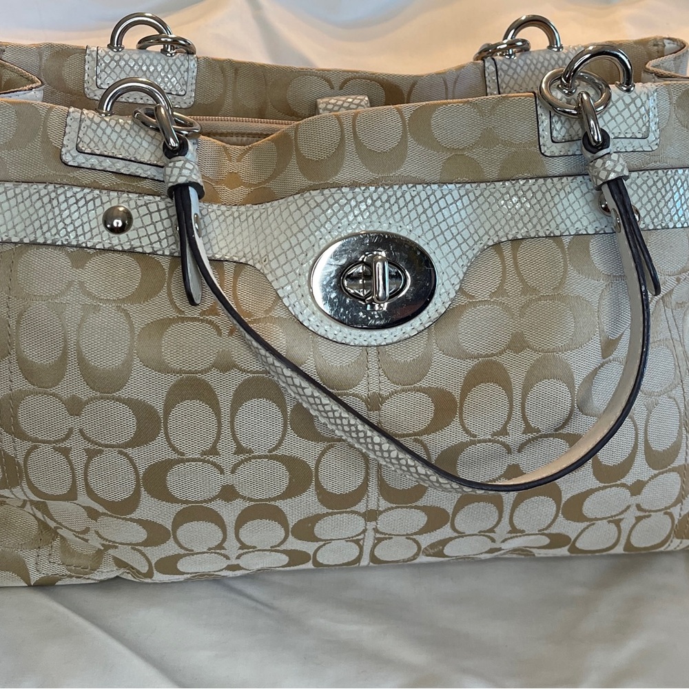 COACH PENELOPE SIGNATURE TOTE BAG WITH SNAKESKIN TRIM HANDLES